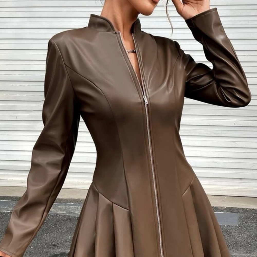 LIKE NEW Faux leather brown long sleeve dress flare a line zipper